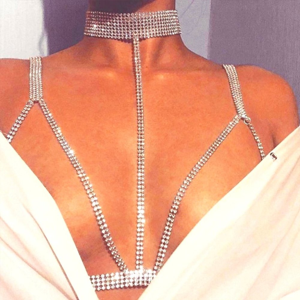 Rhinestone Chest Chain Crystal Bra Necklace Bikini Accessories Body Jewelry